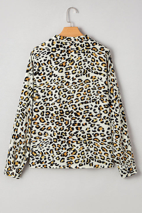 Animal Print Striped Contrast Pocket V Neck Blouse