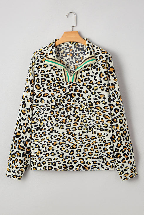 Animal Print Striped Contrast Pocket V Neck Blouse