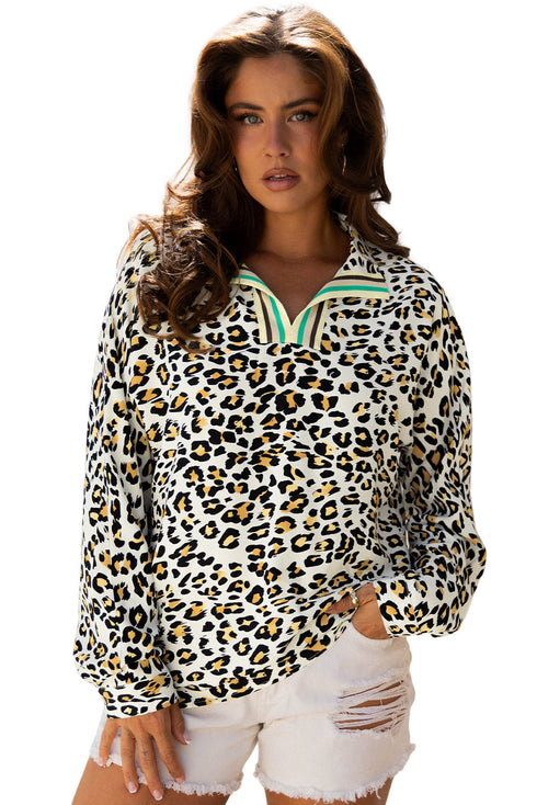 Animal Print Striped Contrast Pocket V Neck Blouse