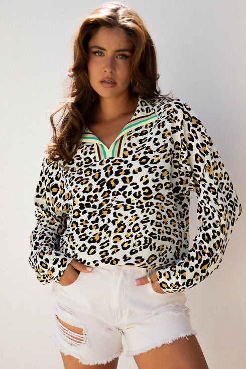 Animal Print Striped Contrast Pocket V Neck Blouse