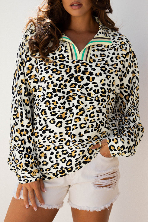 Animal Print Striped Contrast Pocket V Neck Blouse