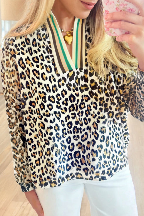 Animal Print Striped Contrast Pocket V Neck Blouse