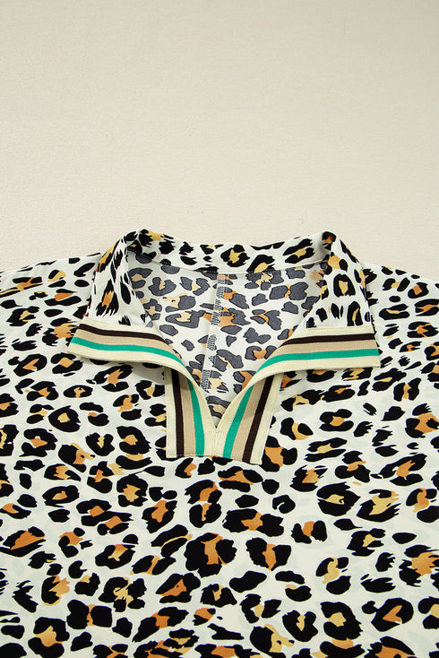 Animal Print Striped Contrast Pocket V Neck Blouse
