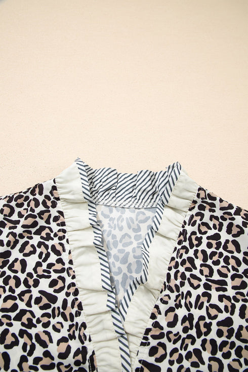 Animal Print Striped Ruffle Sleeve V Neck Blouse