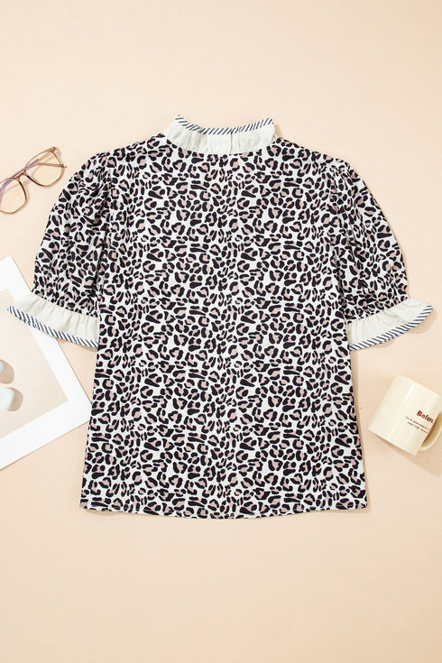 Animal Print Striped Ruffle Sleeve V Neck Blouse