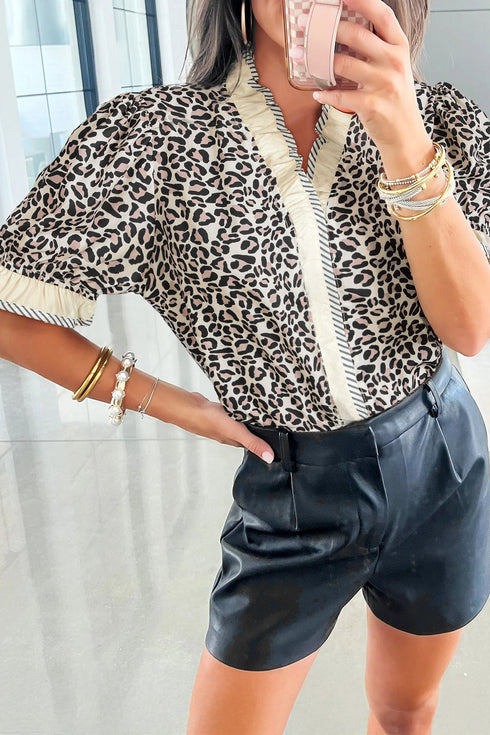 Animal Print Striped Ruffle Sleeve V Neck Blouse