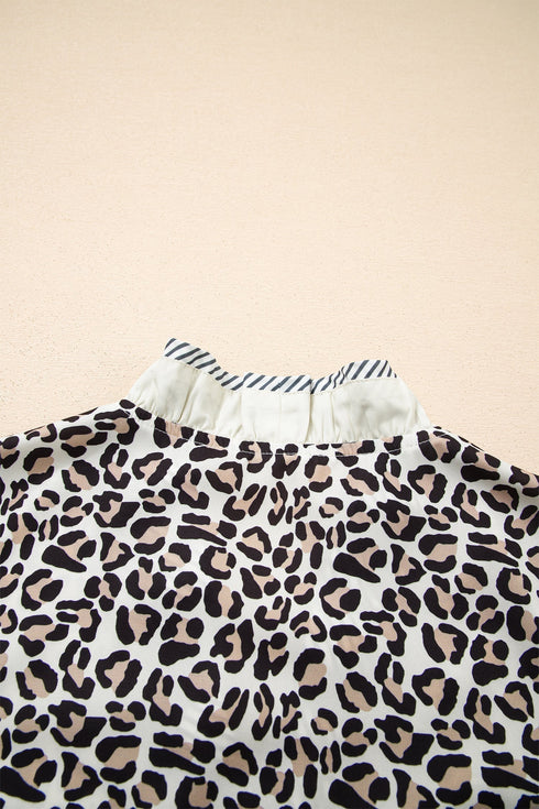 Animal Print Striped Ruffle Sleeve V Neck Blouse