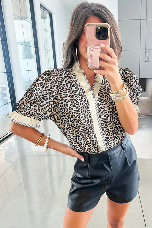 Animal Print Striped Ruffle Sleeve V Neck Blouse