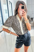Animal Print Striped Ruffle Sleeve V Neck Blouse