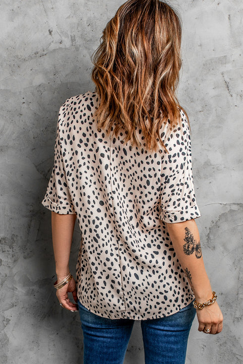 Animal Print V-Neck Rolled Sleeve Tunic Top