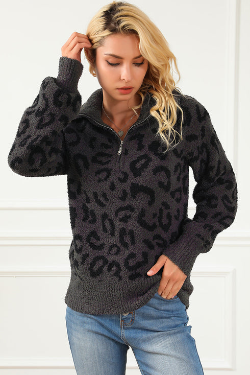 Animal Print Zipped Collared Sweater