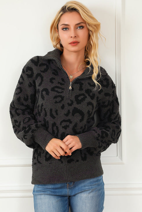 Animal Print Zipped Collared Sweater