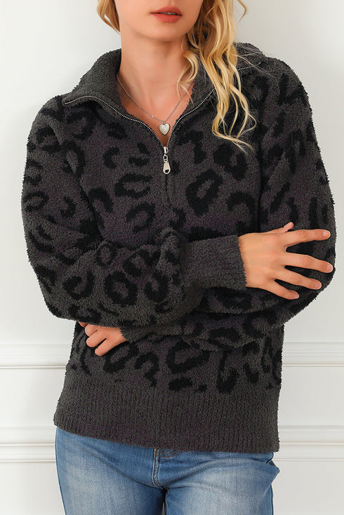 Animal Print Zipped Collared Sweater