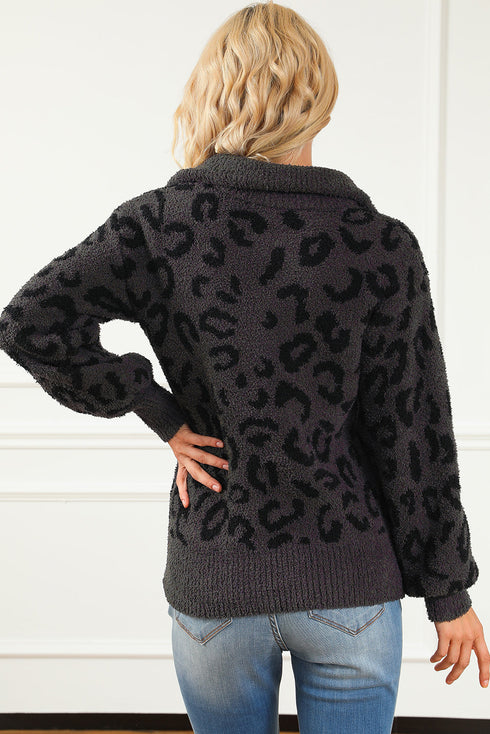 Animal Print Zipped Collared Sweater