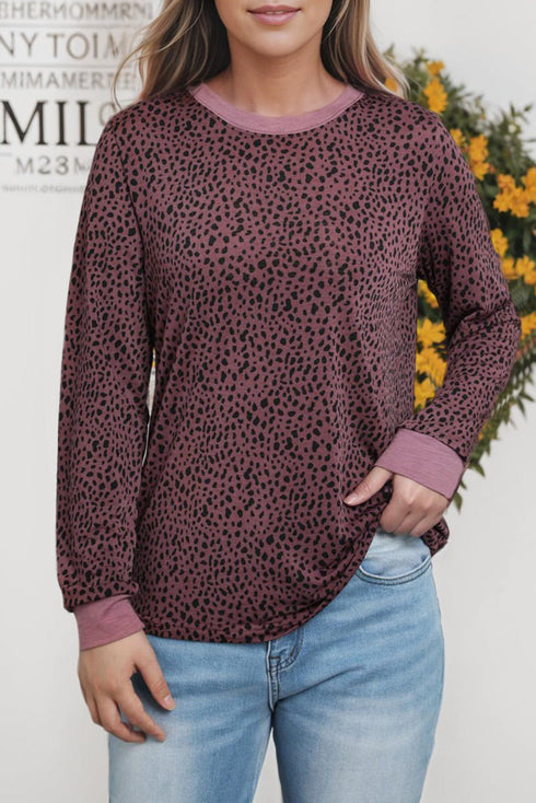 Animal Spotted Print Round Neck Long Sleeve Top