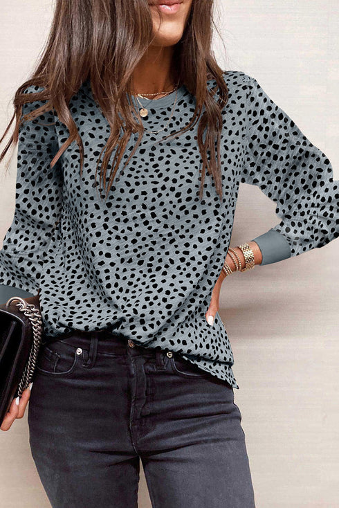 Animal Spotted Print Round Neck Long Sleeve Top