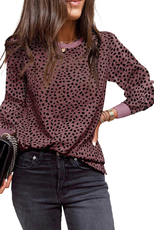 Animal Spotted Print Round Neck Long Sleeve Top