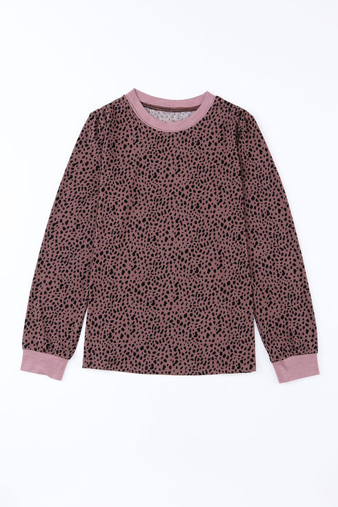 Animal Spotted Print Round Neck Long Sleeve Top
