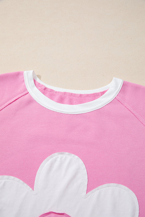 Applique Big Flower Raw Seam Color Block Wide Leg Two Piece Pant Set