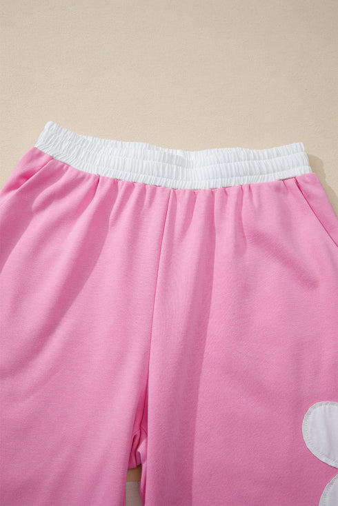 Applique Big Flower Raw Seam Color Block Wide Leg Two Piece Pant Set