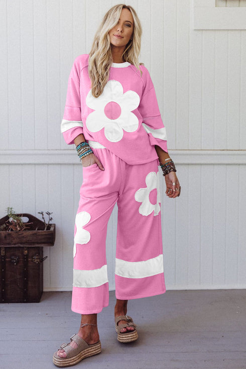 Applique Big Flower Raw Seam Color Block Wide Leg Two Piece Pant Set