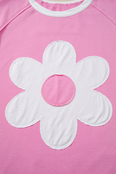 Applique Big Flower Raw Seam Color Block Wide Leg Two Piece Pant Set