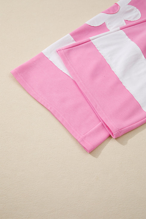 Applique Big Flower Raw Seam Color Block Wide Leg Two Piece Pant Set