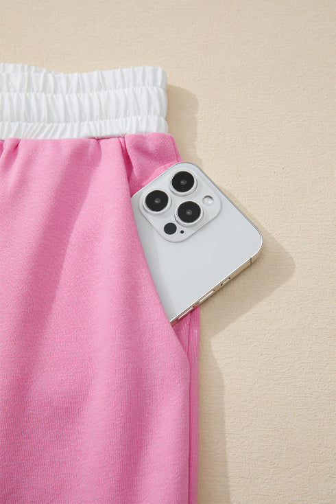 Applique Big Flower Raw Seam Color Block Wide Leg Two Piece Pant Set