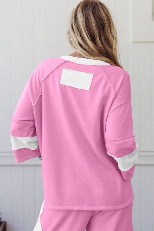 Applique Big Flower Raw Seam Color Block Wide Leg Two Piece Pant Set