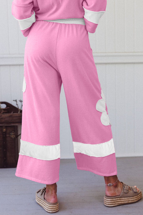 Applique Big Flower Raw Seam Color Block Wide Leg Two Piece Pant Set