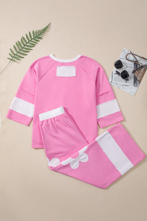 Applique Big Flower Raw Seam Color Block Wide Leg Two Piece Pant Set