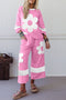 Applique Big Flower Raw Seam Color Block Wide Leg Two Piece Pant Set