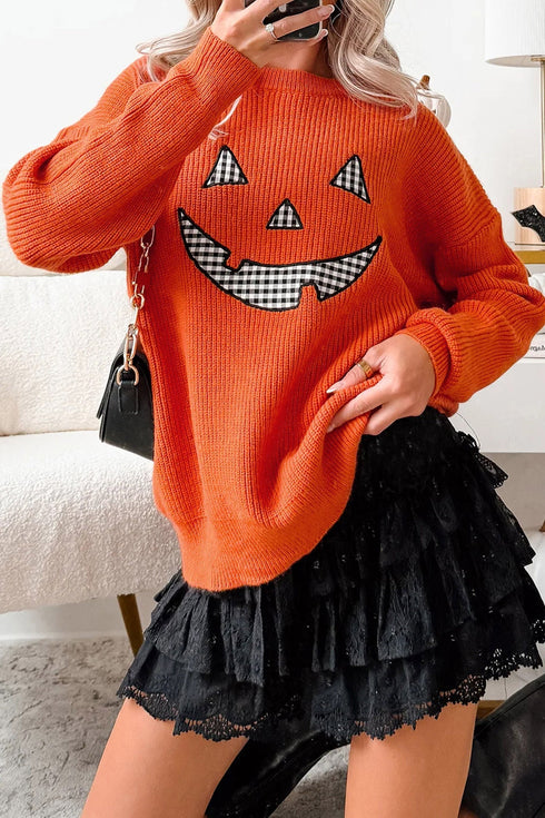 Applique Graphic Drop Shoulder Round Neck Long Sleeve Sweater