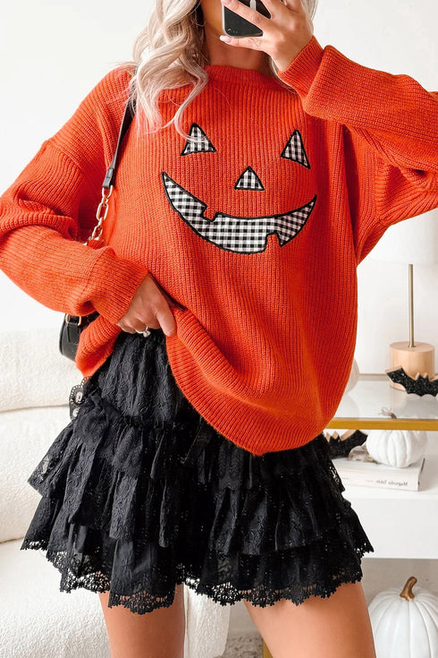 Applique Graphic Drop Shoulder Round Neck Long Sleeve Sweater