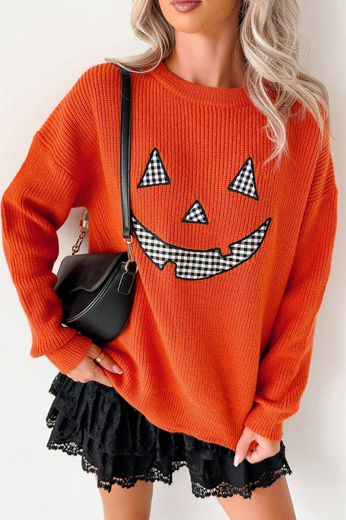 Applique Graphic Drop Shoulder Round Neck Long Sleeve Sweater