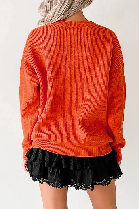 Applique Graphic Drop Shoulder Round Neck Long Sleeve Sweater