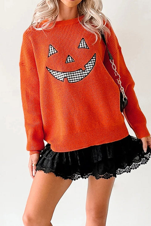 Applique Graphic Drop Shoulder Round Neck Long Sleeve Sweater