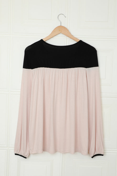 Apricot Apricot Round Neck Long Sleeve Color Block Tunic Top