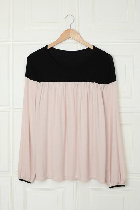 Apricot Apricot Round Neck Long Sleeve Color Block Tunic Top