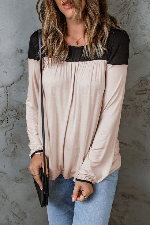 Apricot Apricot Round Neck Long Sleeve Color Block Tunic Top