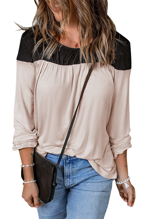 Apricot Apricot Round Neck Long Sleeve Color Block Tunic Top