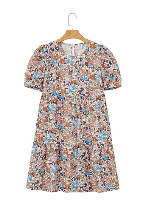 Apricot Bohemian Floral Print Short Puff Sleeve Mini Dress