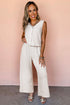 Apricot Buttoned V Neck Tank Top and Wide Leg Pants Casual Outfit