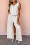 Apricot Buttoned V Neck Tank Top and Wide Leg Pants Casual Outfit