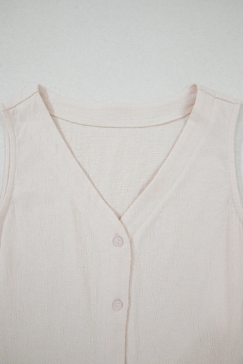 Apricot Buttoned V Neck Tank Top and Wide Leg Pants Casual Outfit