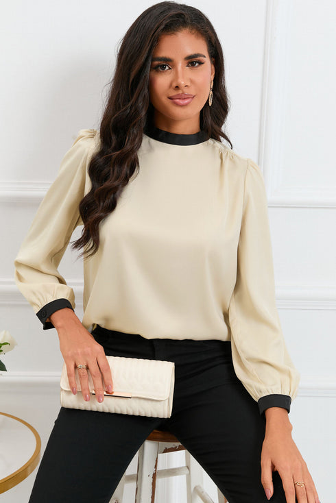 Apricot Color Block Bow Back Mock Neck Blouse