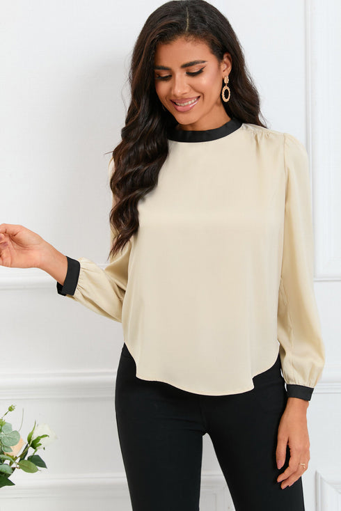 Apricot Color Block Bow Back Mock Neck Blouse