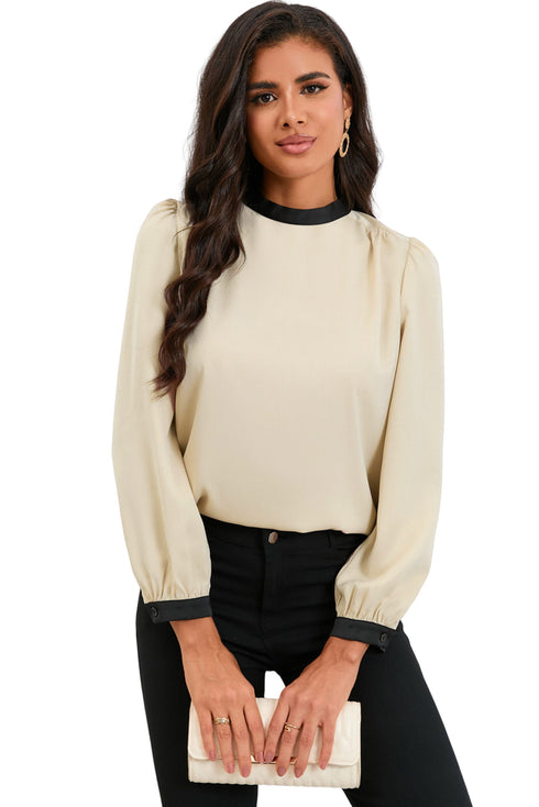 Apricot Color Block Bow Back Mock Neck Blouse