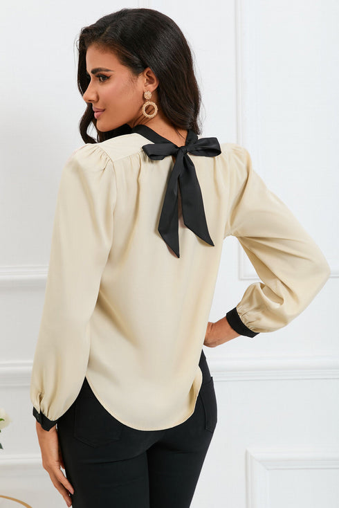 Apricot Color Block Bow Back Mock Neck Blouse