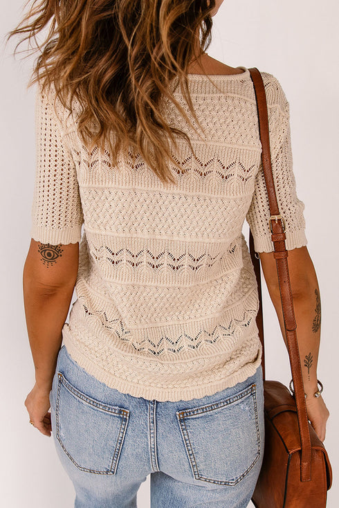 Apricot Crochet Hollow-Out Short Sleeve T-Shirt
